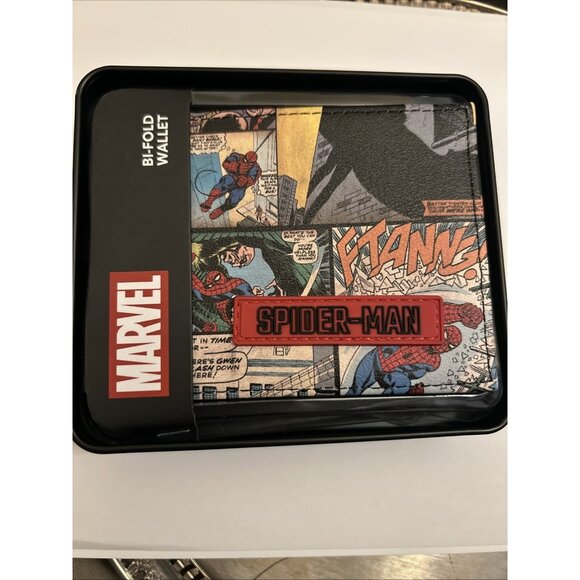 Marvel Men's Bifold Wallet Spiderman w/ collectors Tin comic style NWT red blue - Picture 1 of 15